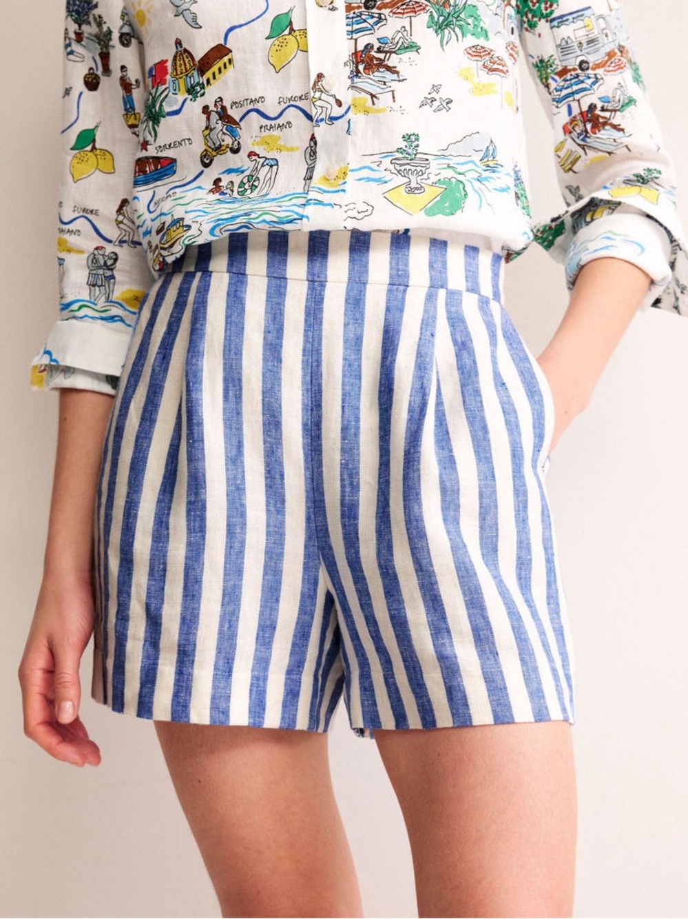 BODEN 100% Linen pull on shorts NWT Anthropologie blue white stripe size 8